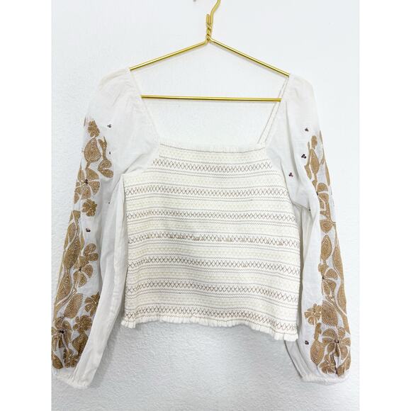 NWT Anthropologie Smocked Embroidered Top Size Small Cream Sequin Boho Chic - Picture 9 of 13